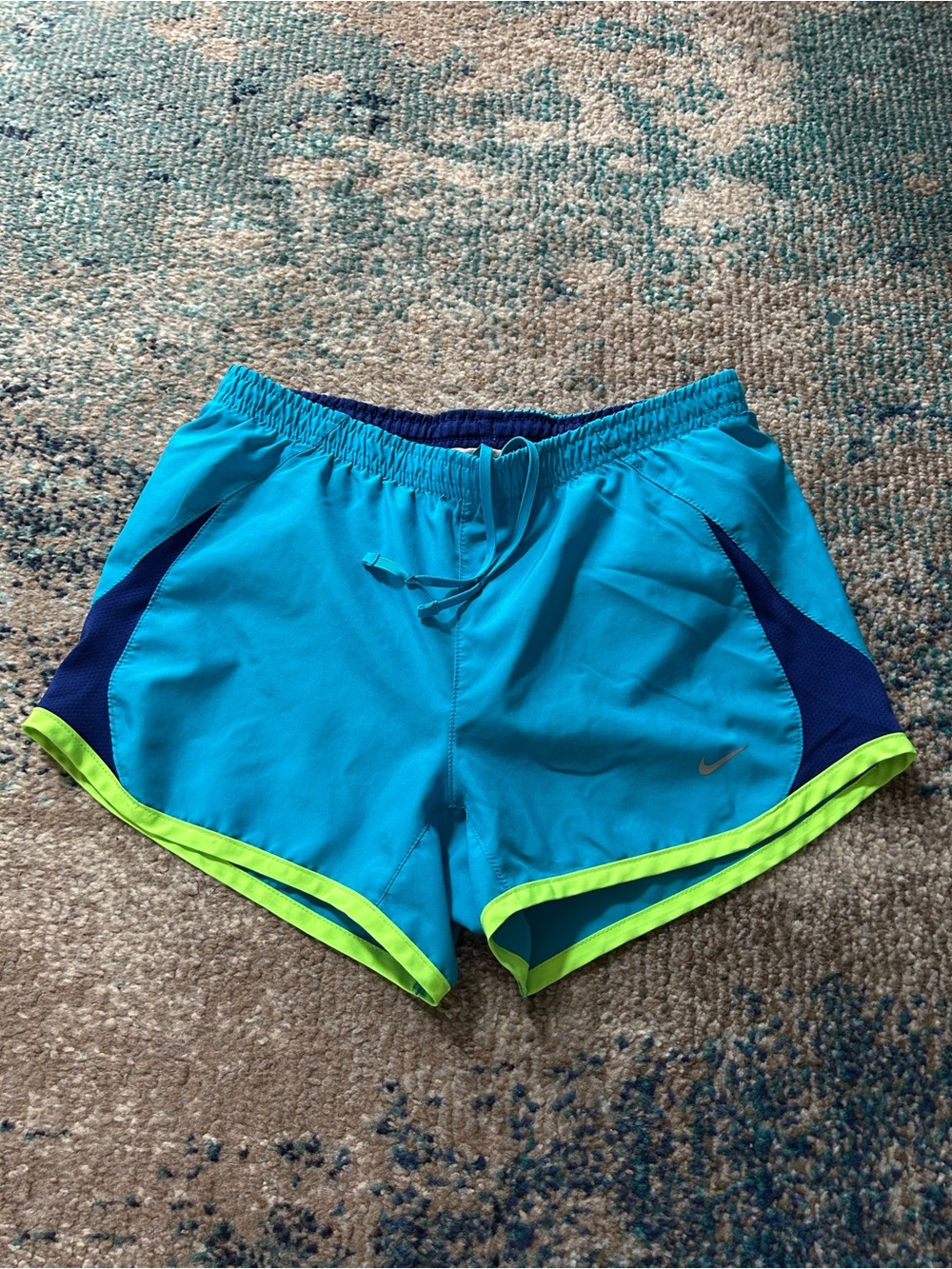 Nike Tempo Dri Fit Turquoise Athletic Shorts with Neon Green Trim